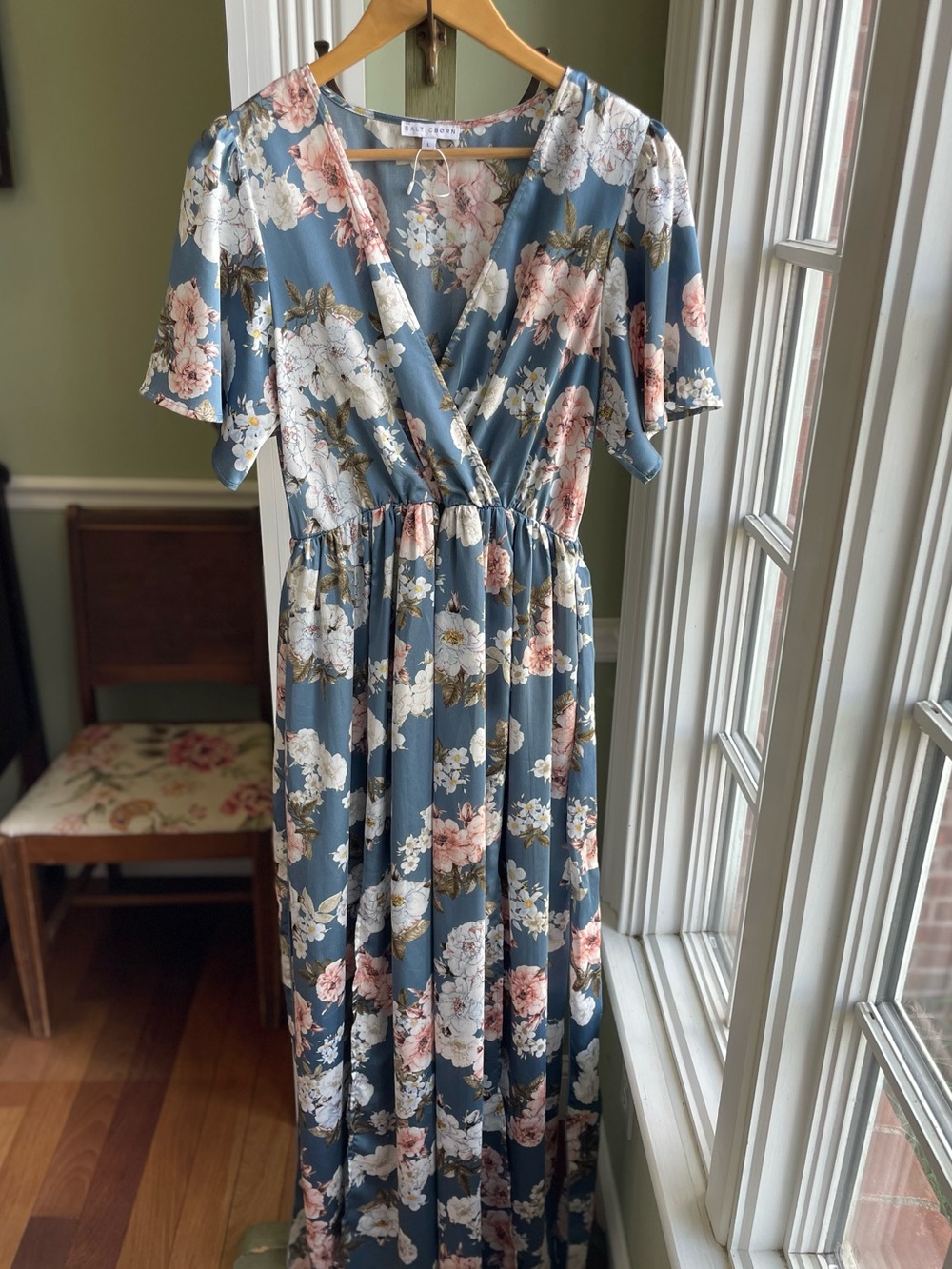 Baltic Born Sicily Satin Maxi Dress Blue & Pink Floral Romantic Boho - Large